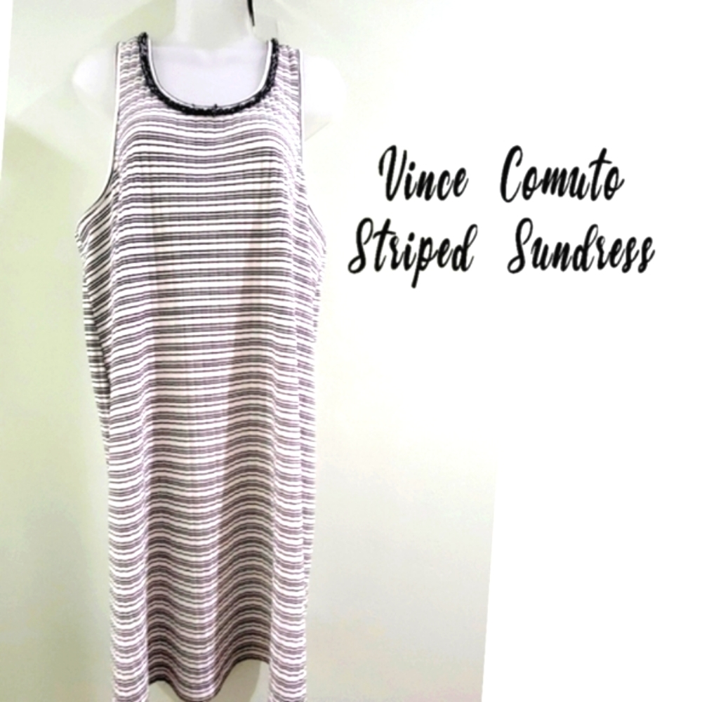 Vince Camuto Womens Striped Fringe Tassel Trim Sleeveless Knit Short Dress XL - Picture 2 of 9